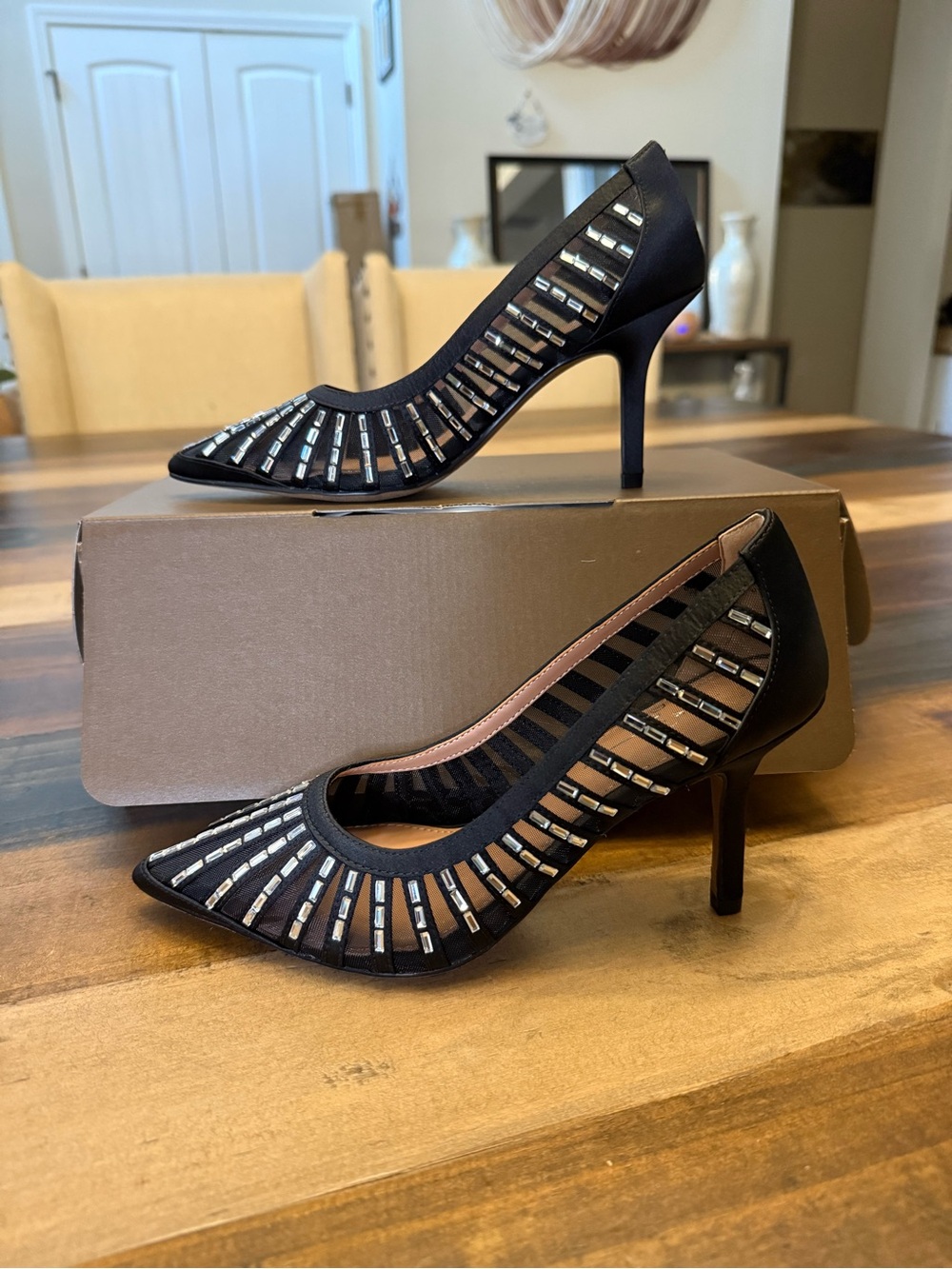 Linea Paolo Paolo-L Black Satin Pointed-Toe Pumps with Silver Embellishments